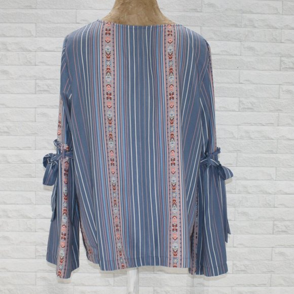 LC LAUREN CONRAD Blouse Stripe Bow Tie Ruffle Detail Trumpet Sleeve X-Large - Picture 4 of 13